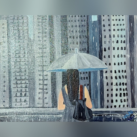 Original Unframed Acrylic Painting Of Women In Rain On 8x10 Canvas Board - Picture 6 of 8